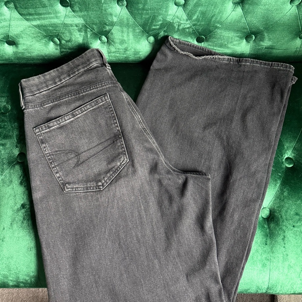 American Eagle Curvy Super High Rise Baggy Wide Leg Jeans Charcoal Black 12 Long